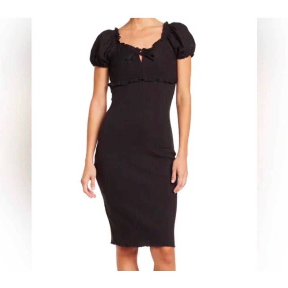 M14 Betsey Johnson Black Eyelet Lace Puff Sleeve Ribbed Midi Dress NWT Small